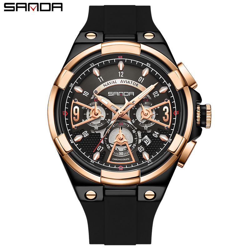 Sanda Men’s Silicone Quartz Watch – Hollow Three-Eye Chronograph, Waterproof Watch