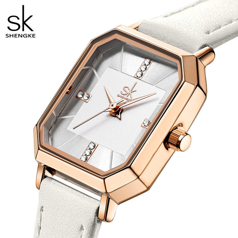 SK Women’s Square Dial Quartz Watch – Retro Diamond Accent, Waterproof Fashion Strap