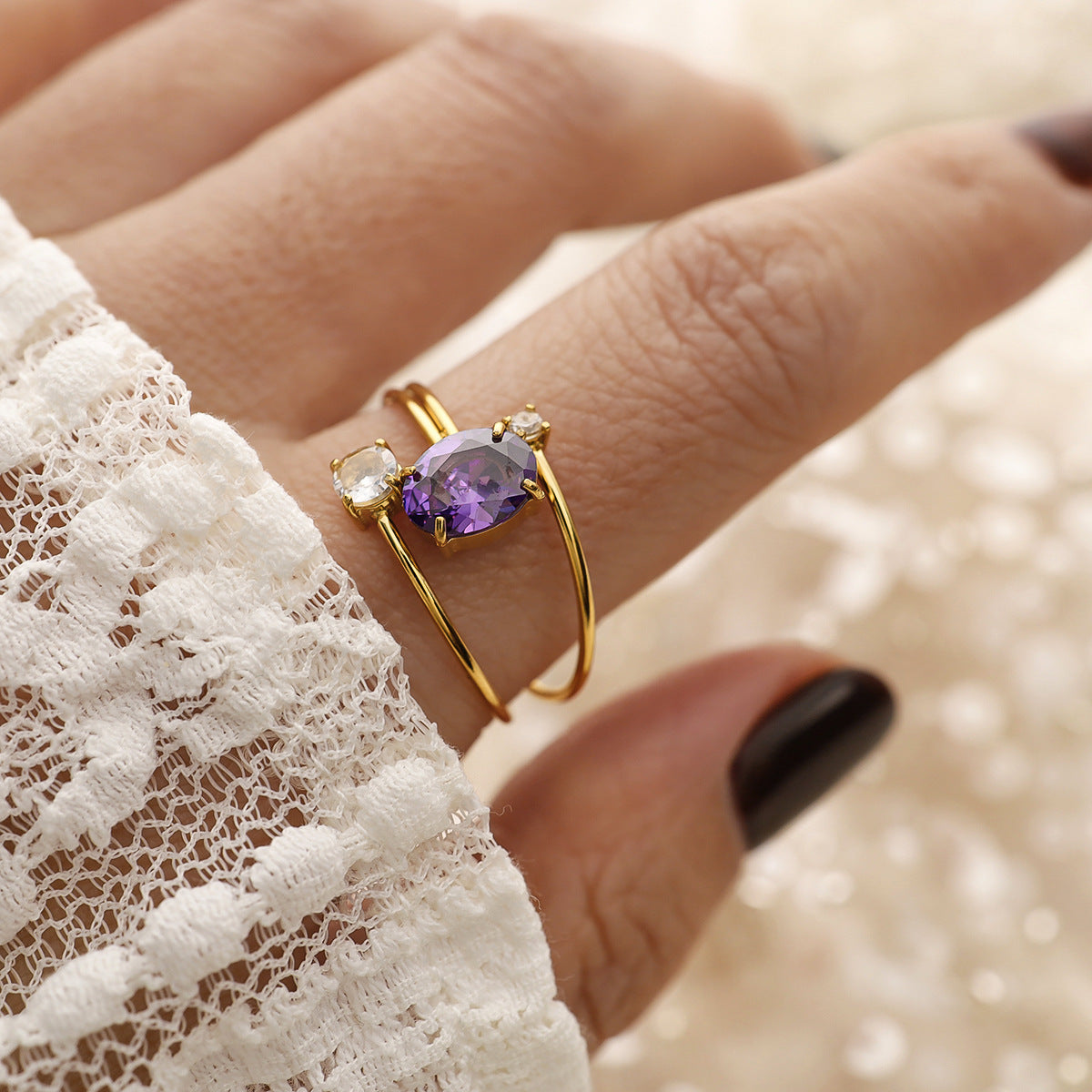 Purple Zircon Titanium Steel Ring – Adjustable Gold-Plated Luxury Women’s Jewelry
