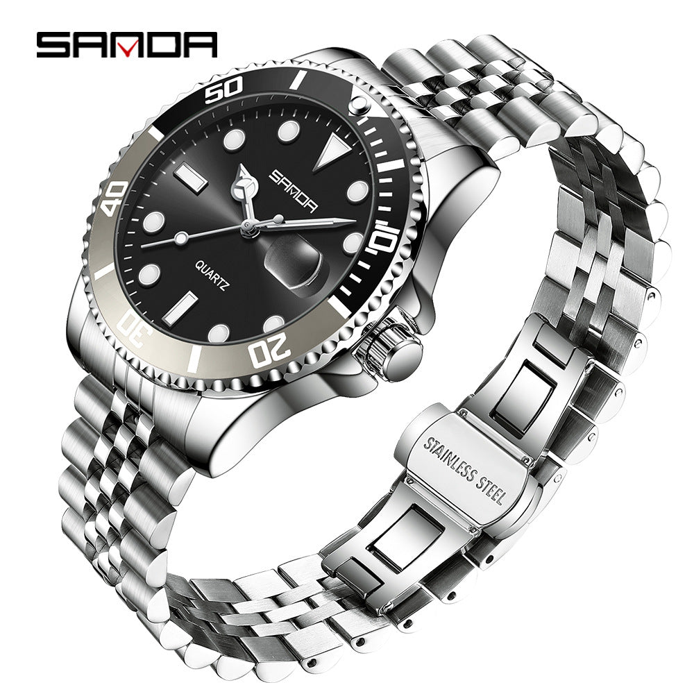 Sanda Men’s Steel Band Quartz Watch – Waterproof Luminous Calendar Casual Wristwatch