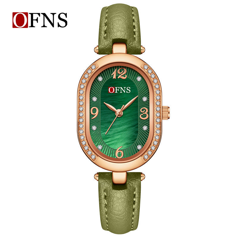 OFNS Diamond Oval Quartz Watch – Waterproof Watch for Women with Leather Strap