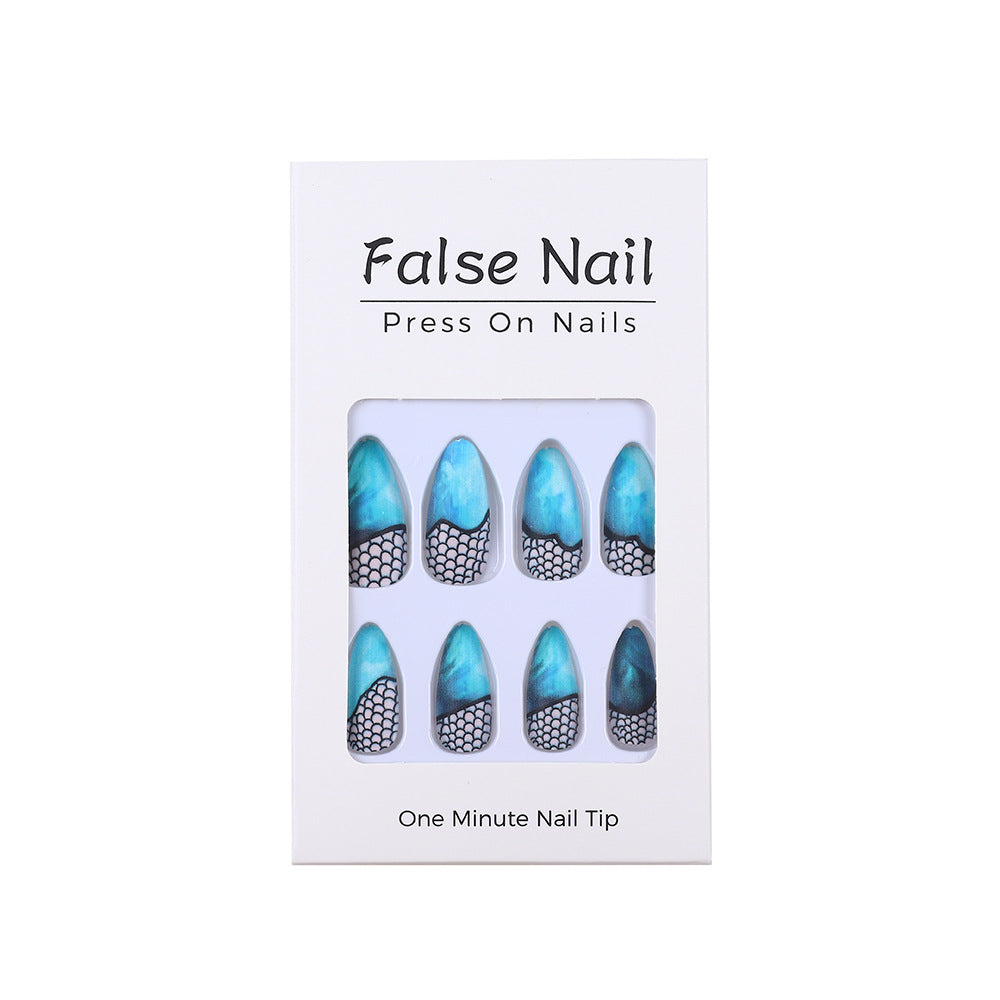 Blue Ocean Almond Press-On Nails – Mesh Design, Teardrop Style, Glossy Finish Nail Art Set
