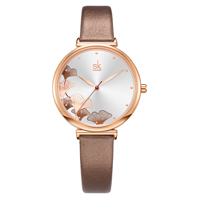 SK Women’s Quartz Watch – Ginkgo Leaf Dial, Steel Mesh & Leather Strap, 30M Waterproof