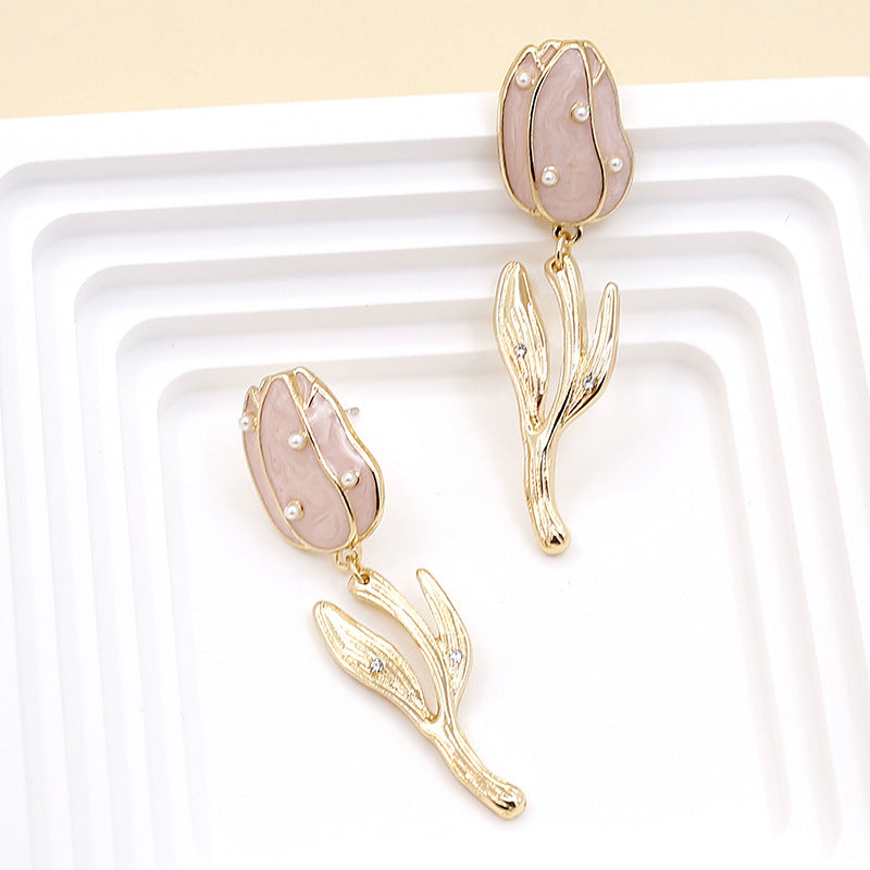 Women’s Retro Tulip Pearl Earrings – Alloy Diamond Drop Jewelry
