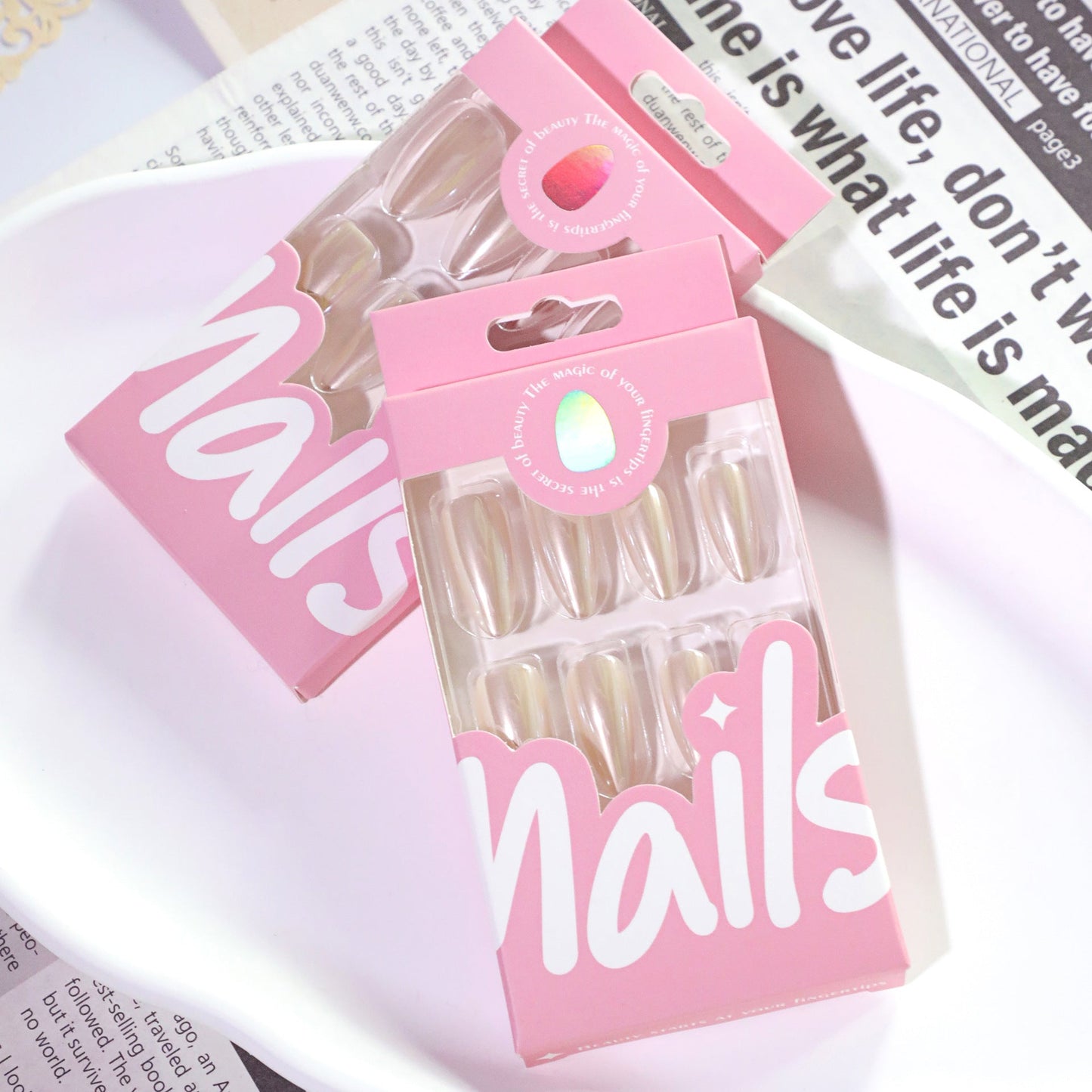 Pearl White Chrome Press-On Nails – Long Almond Glossy Acrylic Set