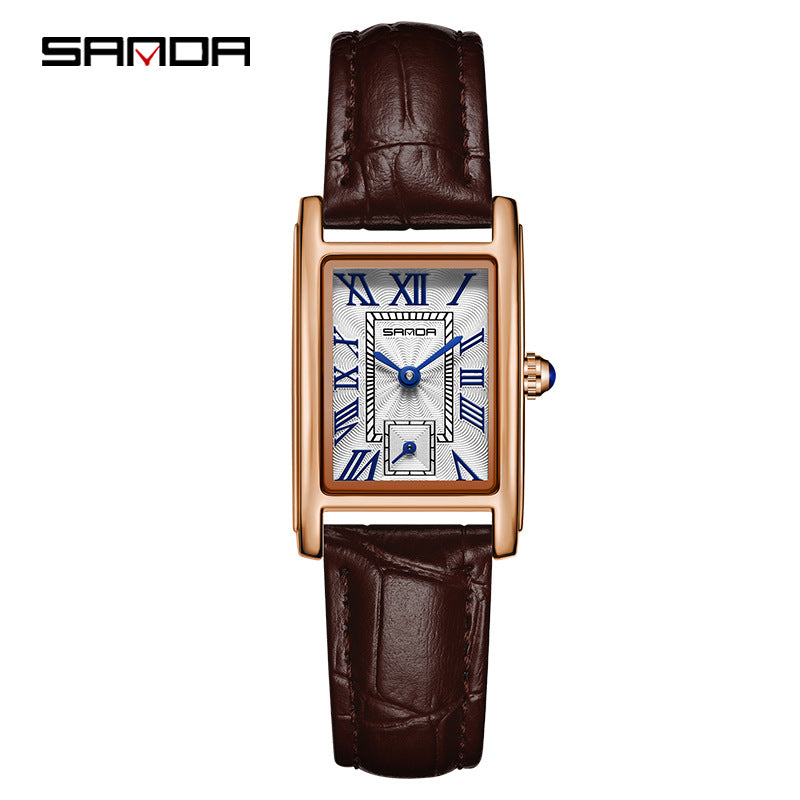 Sanda Women’s Classic Square Quartz Watch – Leather Strap, Semi-Waterproof Watch
