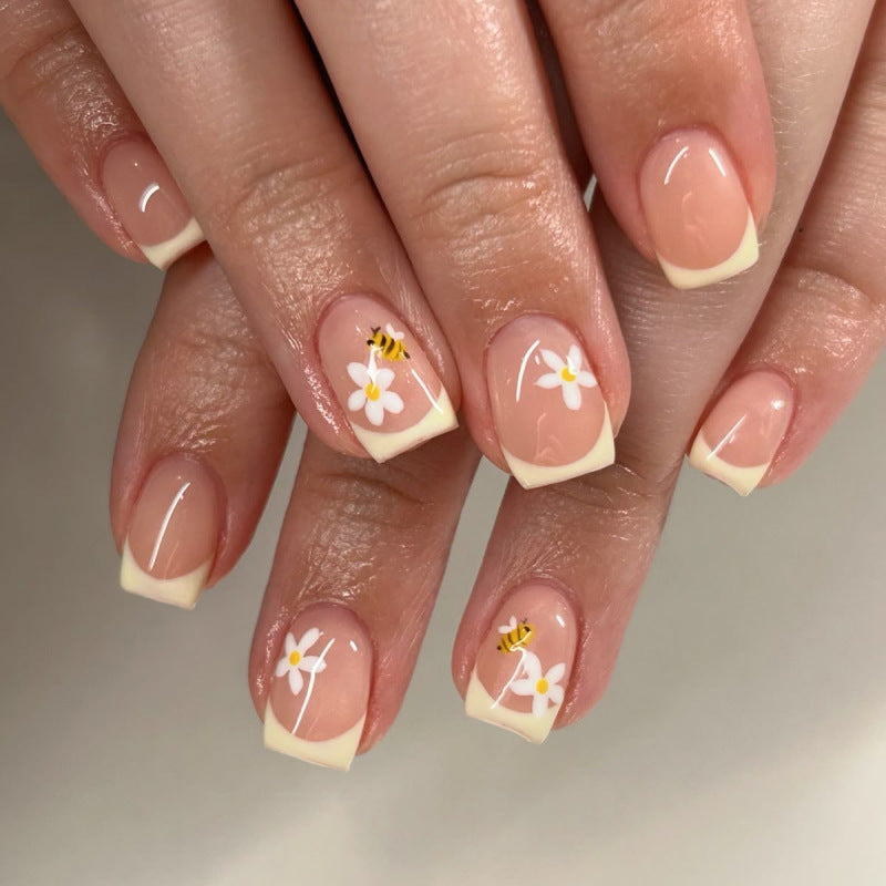 Cute Bee & Daisy French Tip Press-On Nails – Short Square, Glossy Finish