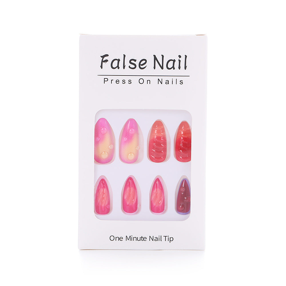 Trendy Almond Press-On Nails – Gradient Gel with Glossy Water Droplet Design Nails