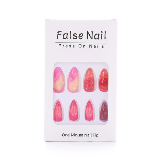 Trendy Almond Press-On Nails – Gradient Gel with Glossy Water Droplet Design Nails