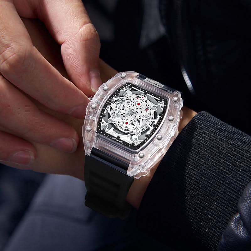Men’s Fashion Barrel-Shaped Quartz Watch – Luminous Transparent Dial