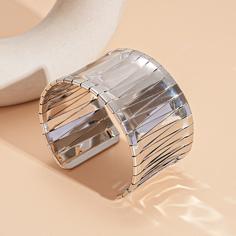 Minimalist Geometric Cuff Bracelet – Pleated Wide Open-Ended  Bangle Women’s Jewelry