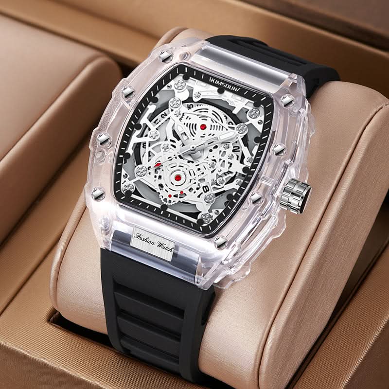Men’s Fashion Barrel-Shaped Quartz Watch – Luminous Transparent Dial