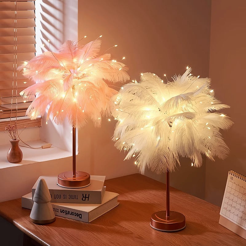LED Feather Table Lamp – 50cm Romantic Night Light with Remote, USB Powered