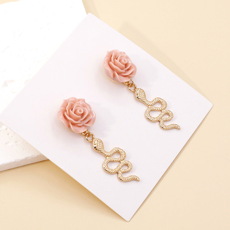 Women’s Geometric Rose Earrings – Retro Snake-Shaped Metal Long Drop Design