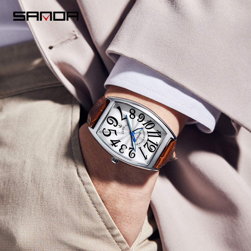 Sanda Men’s Quartz Digital & Analog Watch – Leather Strap Barrel Dial with Calendar
