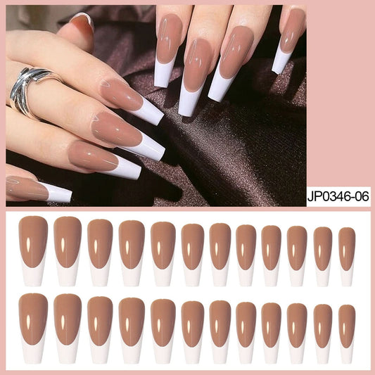 Glossy French Tip Press-On Nails – Brown & White Coffin Shape