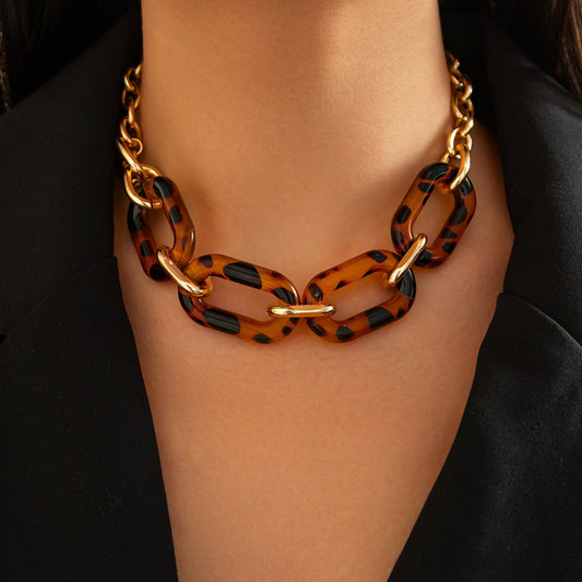 Leopard Print Choker Necklace – Trendy Gold Geometric Chain Jewelry for Women