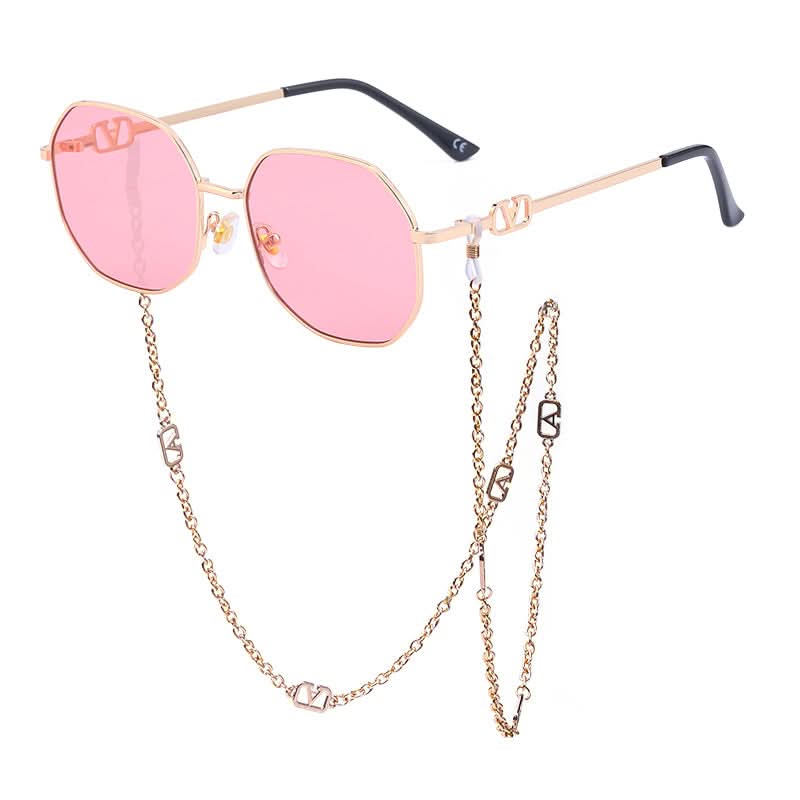 Trendy Women’s Sunglasses with Chain – Stylish Full-Frame Polygonal Shades