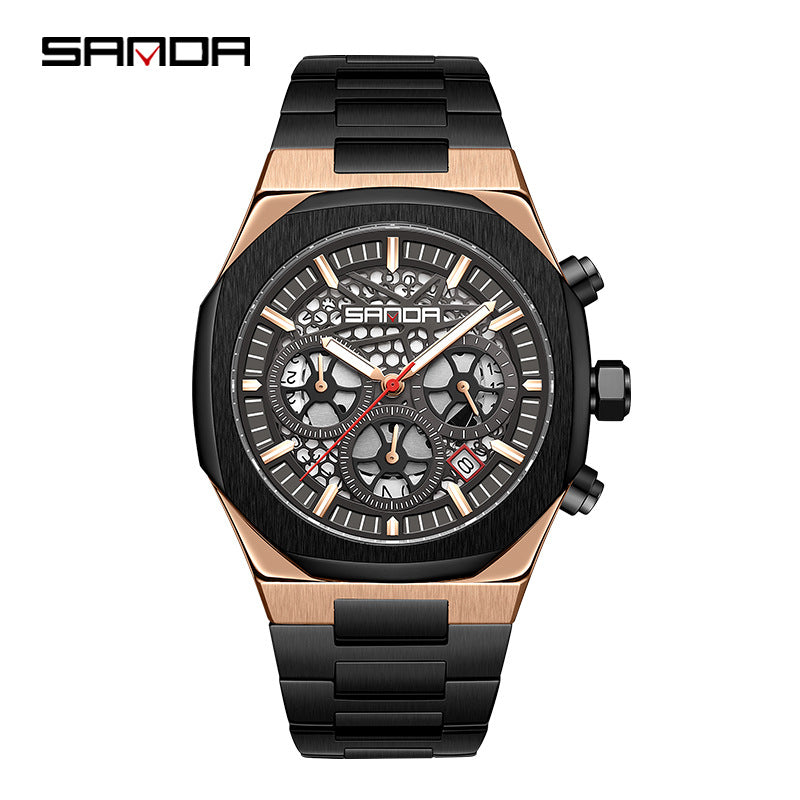 SANDA Luminous Stainless Steel Men’s Quartz Watch – 6-Hand Chronograph with Calendar