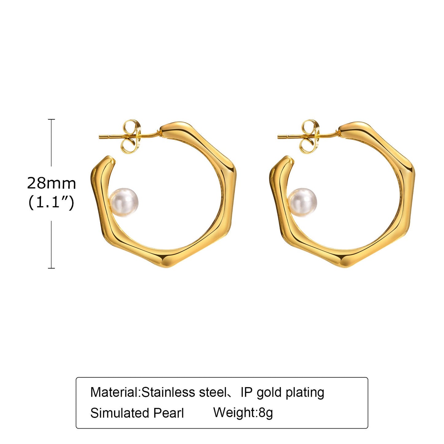 Elegant Gold Hexagon Hoop Earrings with Pearl Accent – Stainless Steel Jewelry
