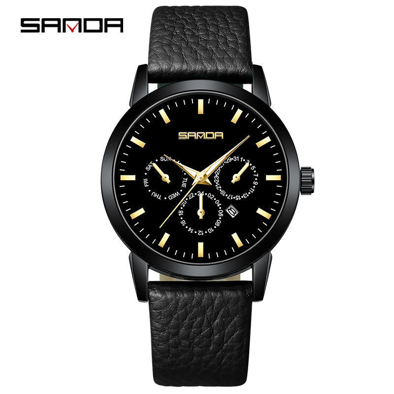 Sanda Men’s Leather Quartz Watch – Three-Eye Chronograph, Waterproof Business Analog Watch