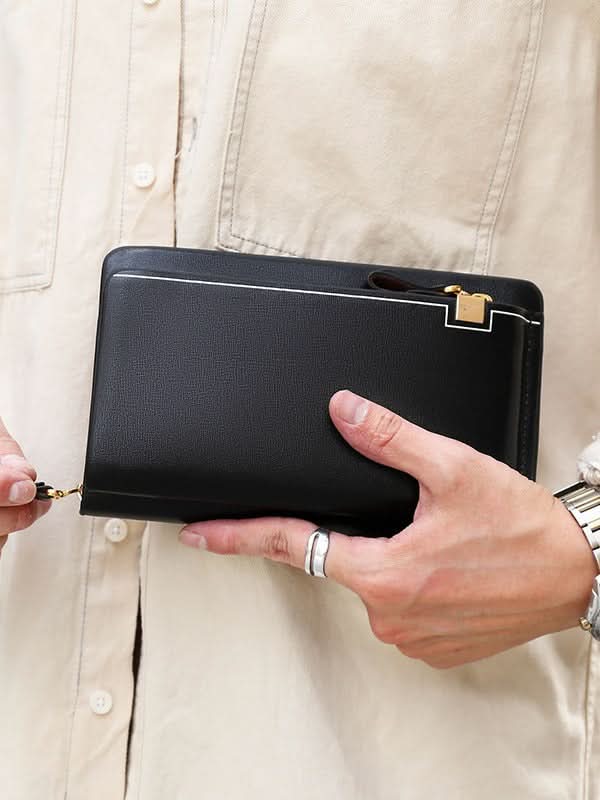 Men's PU Leather Clutch Wallet – Single Zipper Handbag with Phone Pocket