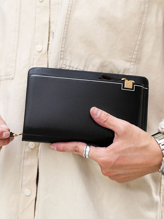 Men's PU Leather Clutch Wallet – Single Zipper Handbag with Phone Pocket
