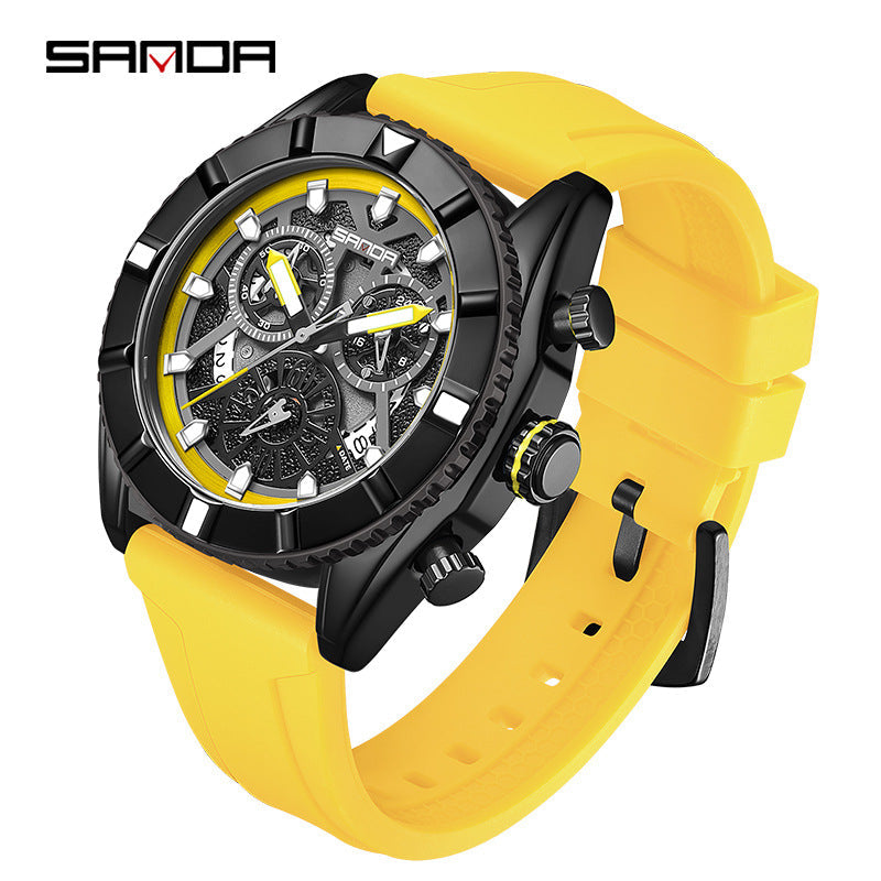 SANDA Luminous Men’s Quartz Watch – Silicone Strap with Calendar & Small Three-Hand