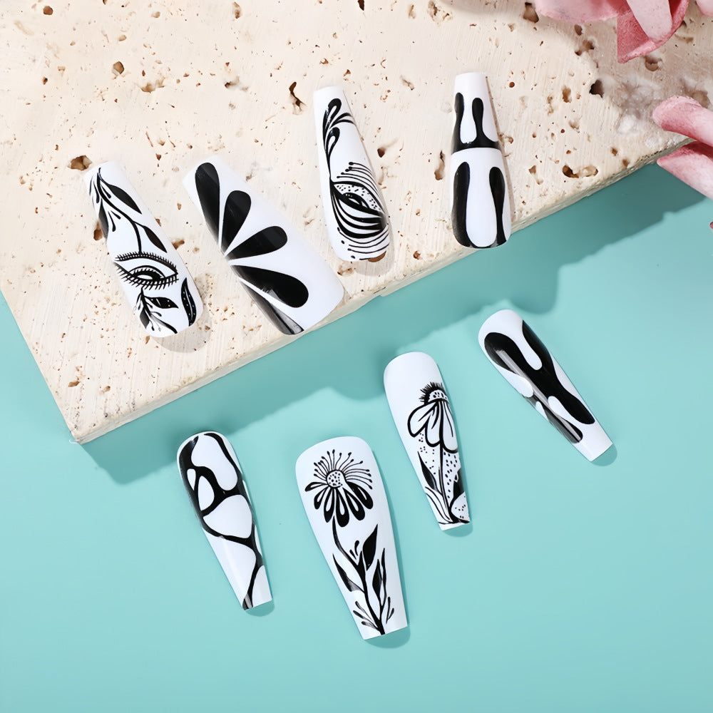 Abstract Face Sketch Press-On Nails – Extra Long Black & White Coffin Glue-On Set
