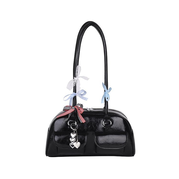 Boston Shoulder Bag for Women – PU Retro Bowling Style Tote with Double Handles And Keyring