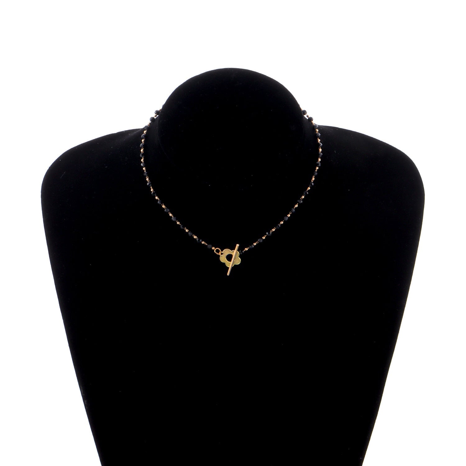 Black Crystal Beaded Flower Necklace for Women – Minimalist Short Choker Jewelry
