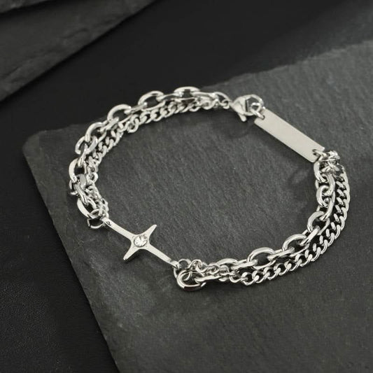Men’s Trendy Titanium Steel Star Bracelet – Double-Layer Cross Chain