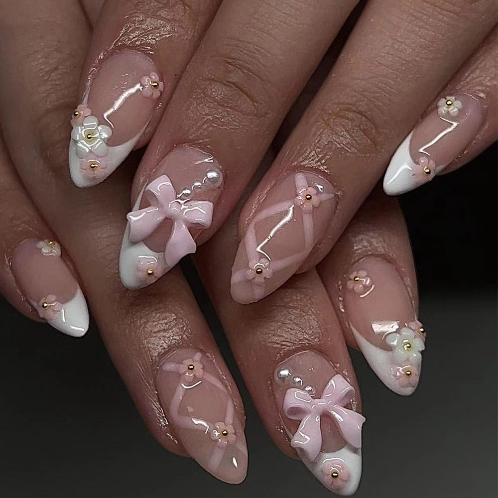 Cute Pink Bow Press-On Nails with 3D Floral Art – Glossy Almond Shape Acrylic Set