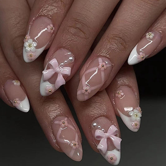 Cute Pink Bow Press-On Nails with 3D Floral Art – Glossy Almond Shape Acrylic Set
