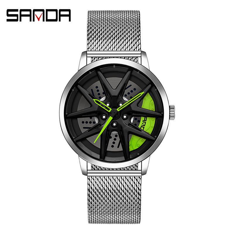 Sanda Men’s Quartz Watch – Wheel Series Dial, Mesh Strap, Waterproof Fashion Timepiece