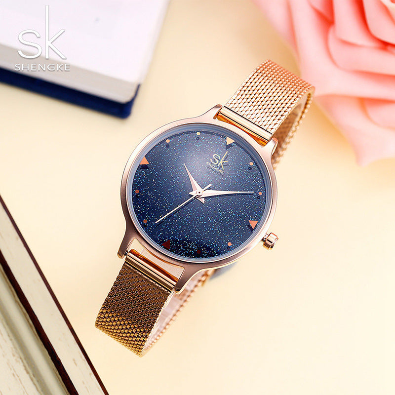 SK Starry Sky Women’s Quartz Watch – Fashion Waterproof Wristwatch with Mesh Strap