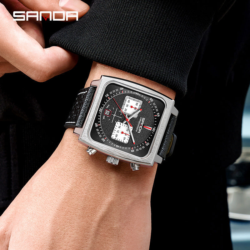 Sanda Men’s Square Quartz Watch – Luminous Calendar Leather Strap Business Wristwatch