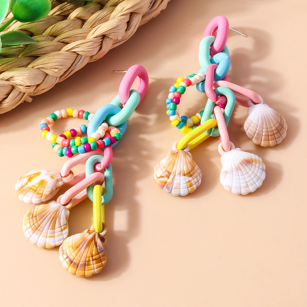 Colorful Beaded Tassel Earrings for Women – Acrylic Geometric Shell Jewelry