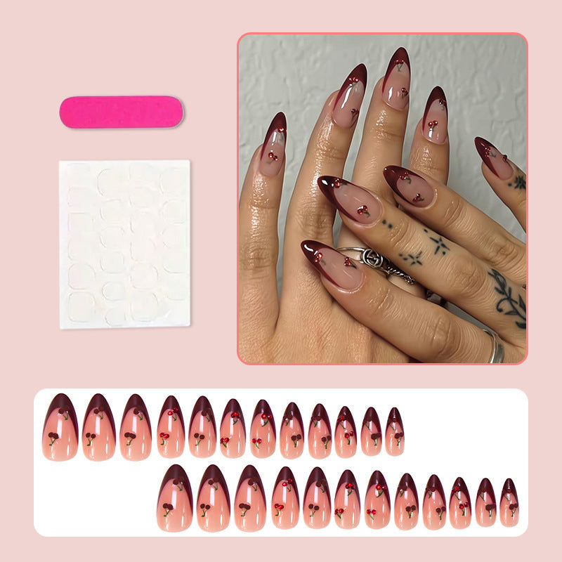 Playful Stiletto Press-On Nails – Nude & Burgundy French Tips with Cherry Design Nails