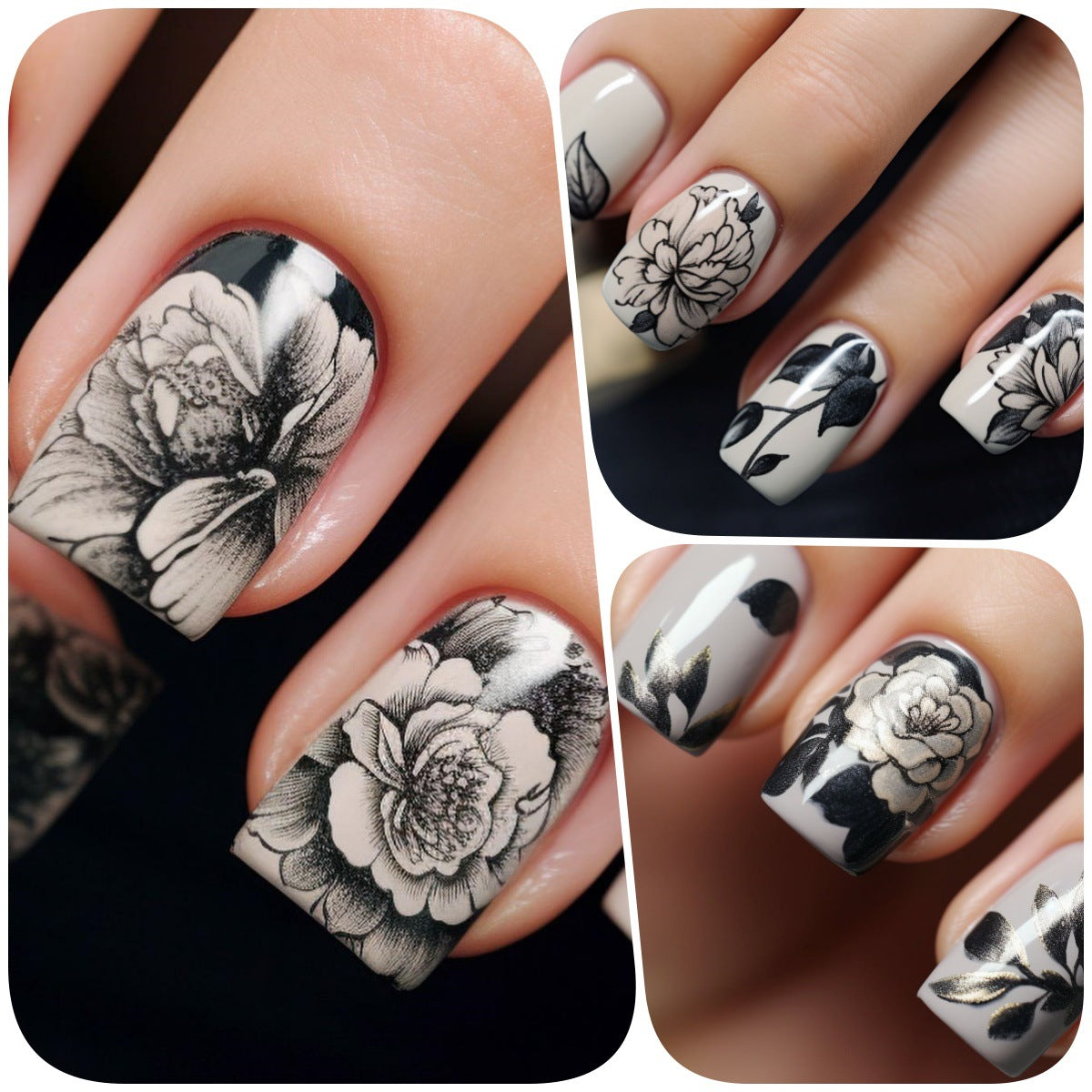 Classic Square Press-On Nails – Medium Black & White Floral Design False Nails