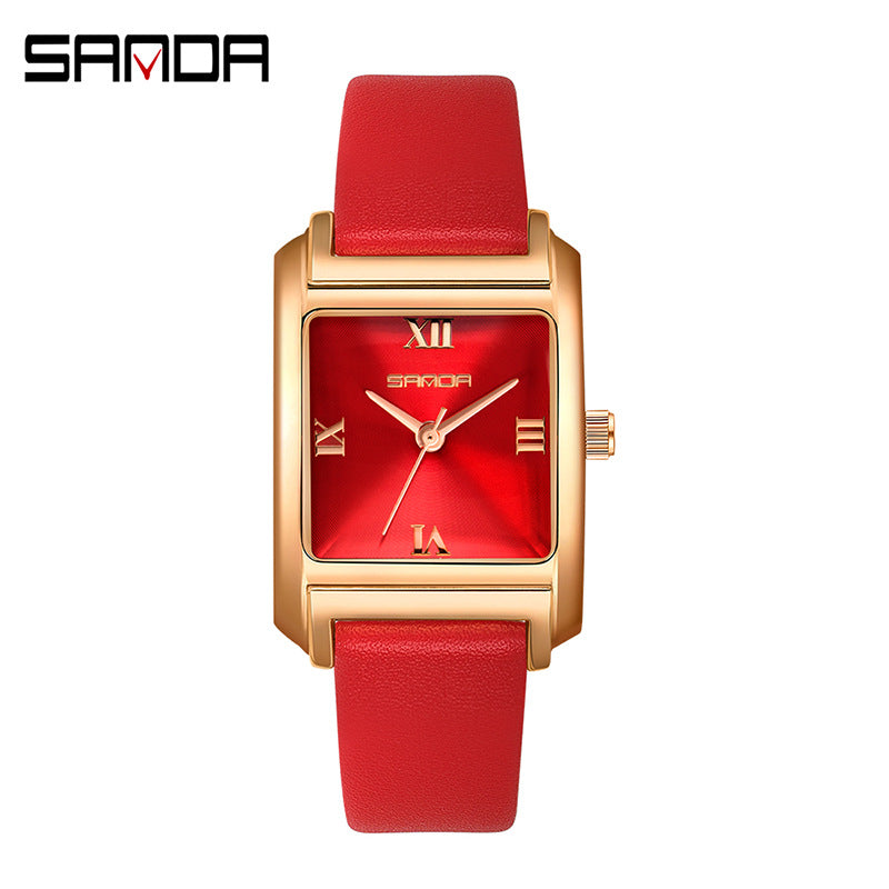 Sanda Women’s Leather Quartz Watch – Waterproof Small Dial Casual Square Fashion Watch