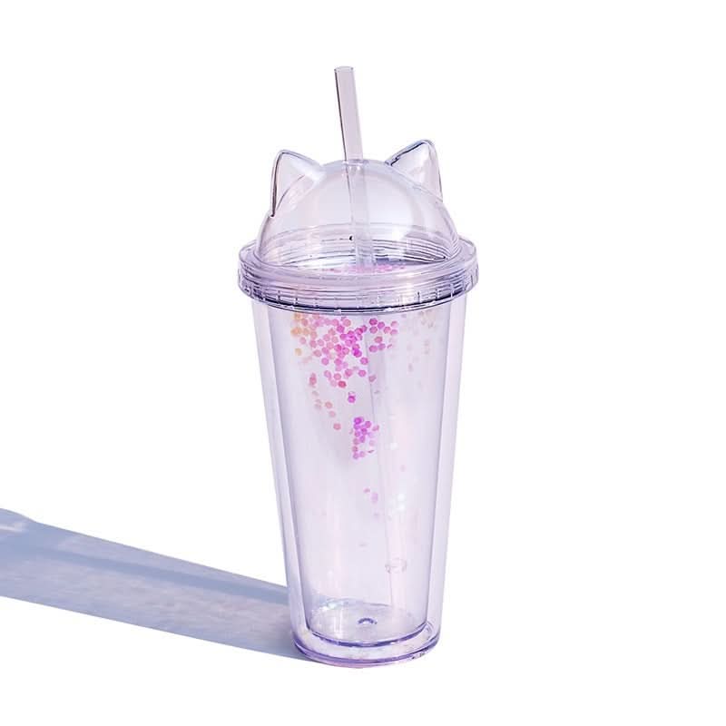 Cute Cat Ear Glitter Straw Cup, 450ml