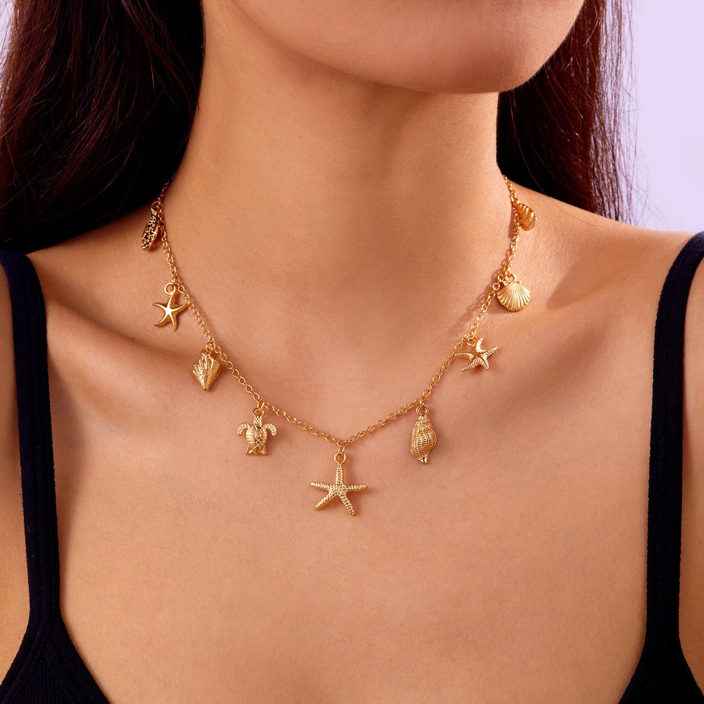 Beach Starfish Pendant Necklace – Sea Shell & Turtle Charm Jewelry for Women