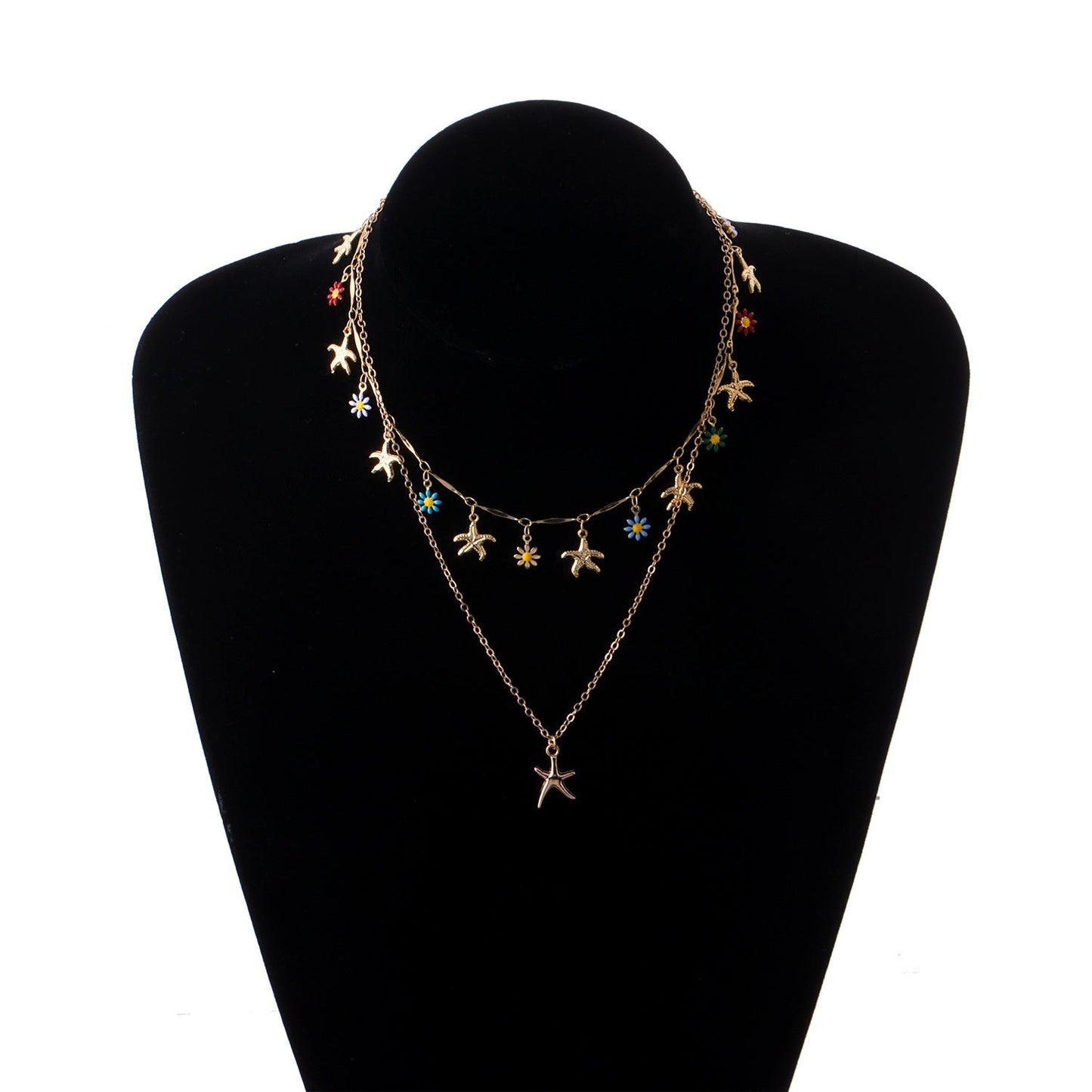 Hawaiian Starfish Flower Necklace for Women – Gold Drip Glaze Pendant Layered Jewelry