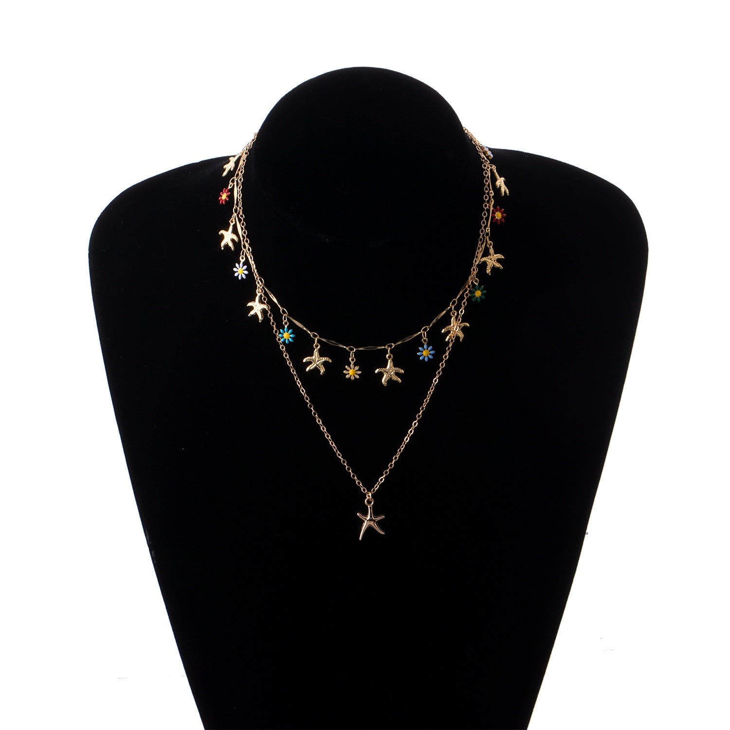Hawaiian Starfish Flower Necklace for Women – Gold Drip Glaze Pendant Layered Jewelry