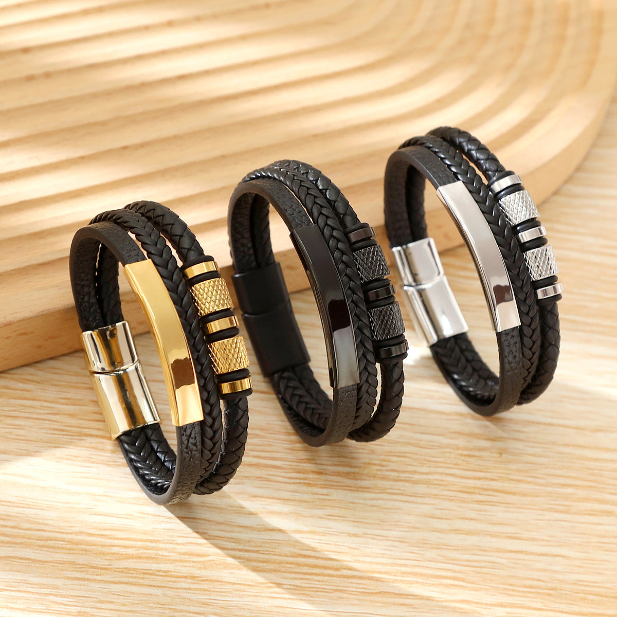 Men’s Leather Bracelet – Geometric Multi-Layer Design with Magnetic Alloy Clasp