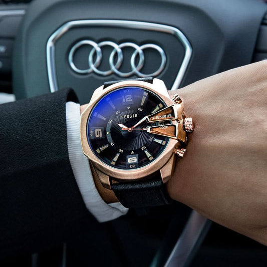 Men’s Oversized Quartz Watch with Calendar –Leather Strap Business Casual Timepiece