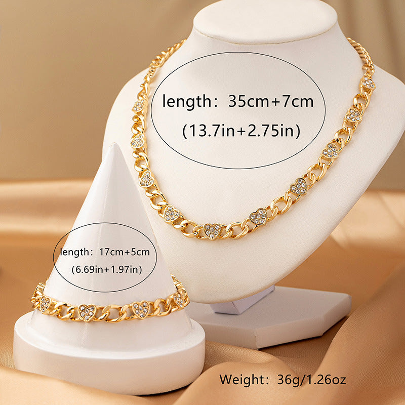 Gold Diamond Heart Necklace and Bracelet Set – Retro Hip-Hop Jewelry for Women