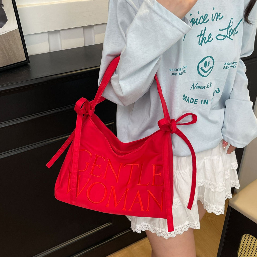 Nylon Bow Underarm Bag – Candy Color Shoulder Handbag with Letter Design
