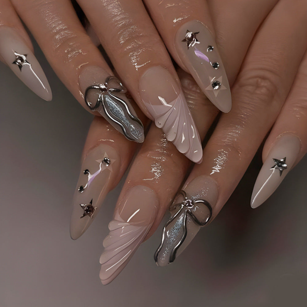 Elegant 3D Press-On Nails with Metallic Stars & Bowknot Design - Almond Glossy Set